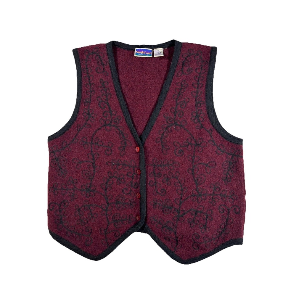 VTG North Crest Women's L Wool Vest Red Black Embroidery Cozy Grandmacore Style